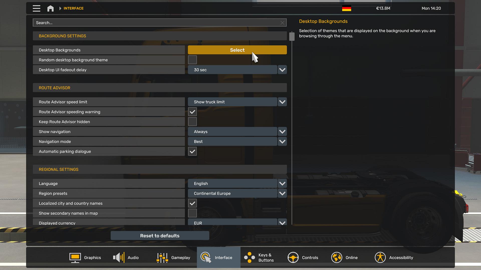 settings menu Euro Truck Simulator 2 