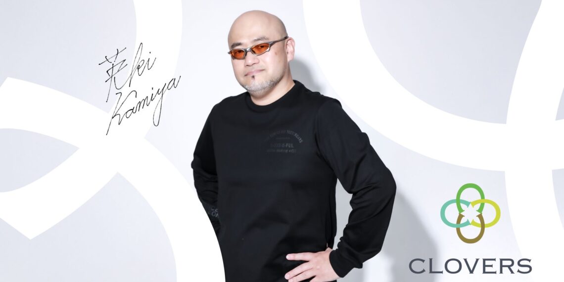 A picture of Hideki Kamiya, Clovers Studio Headm with the Clovers logo and his signature