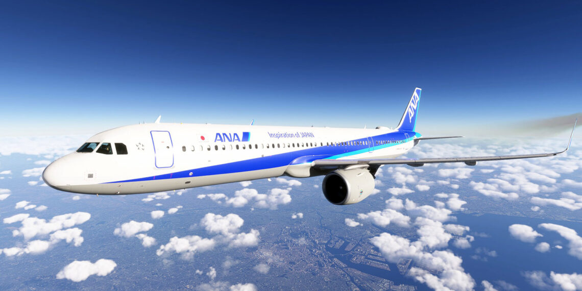 An ANA Airbus A321 overflying Tokyo in Microsoft Flight Simulator 2024
