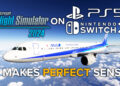 Microsoft Flight Simulator 2024 Screenshot Portraying an ANA Airbus A321neo flying over Tokyo with PS5 and Nintendo Switch 2 logos, mentioning that it makes perfect sense.