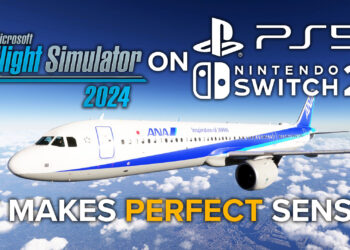 Microsoft Flight Simulator 2024 Screenshot Portraying an ANA Airbus A321neo flying over Tokyo with PS5 and Nintendo Switch 2 logos, mentioning that it makes perfect sense.