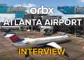 Atlanta Airport by Orbx in Microsoft Flight Simulator with "Interview" title and Orbx, MSFS, and MSFS 2024 logo.