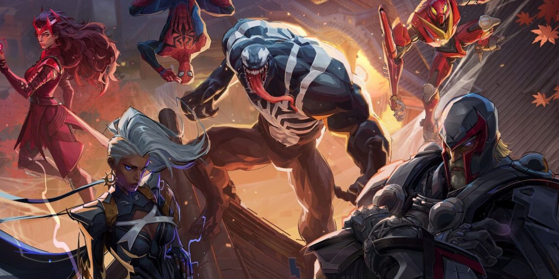 Venom, Storm, Magneto, Scarlet Witch, Spider Man, and Peni Parker in Marvel Rivals