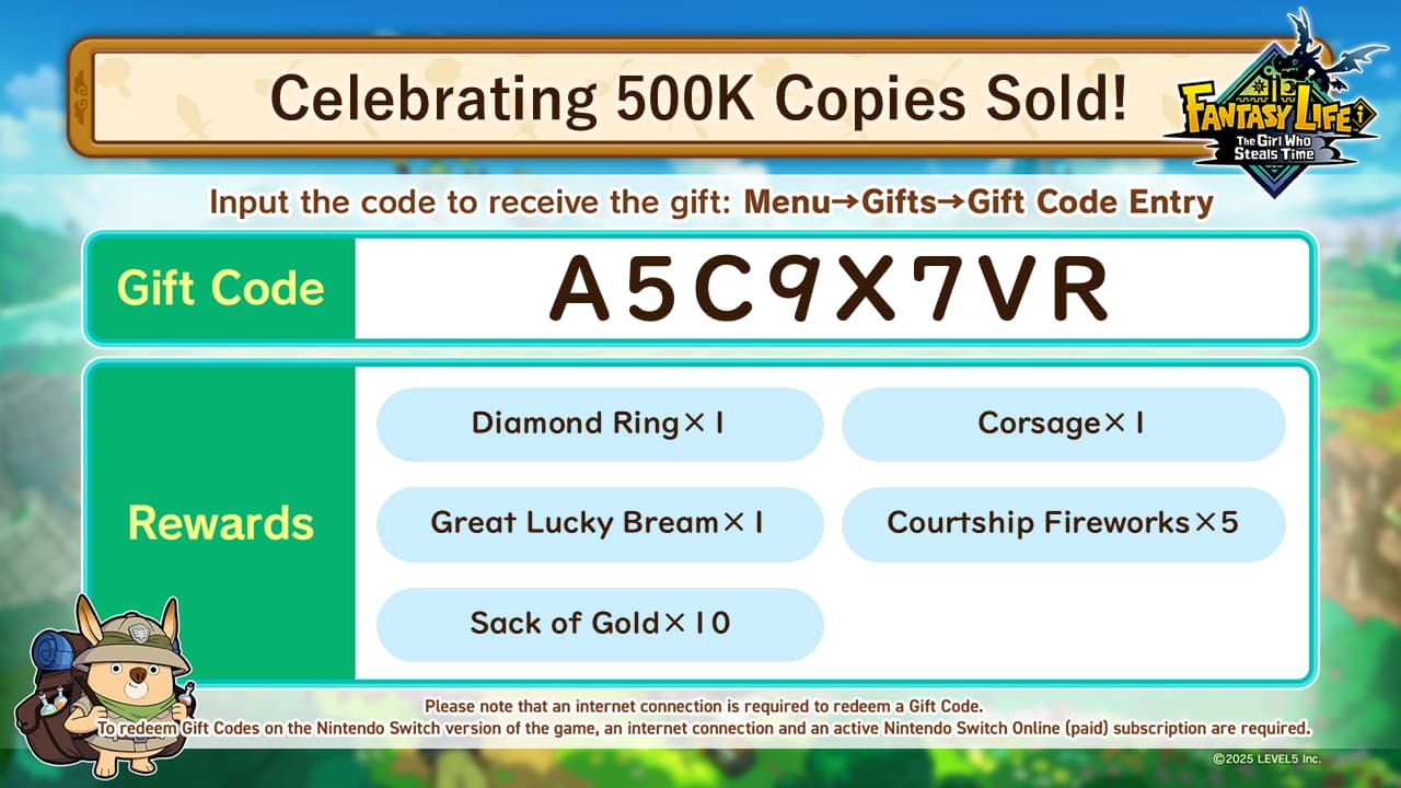 500k code for Fantasy Life i The Girl Who Steals Time