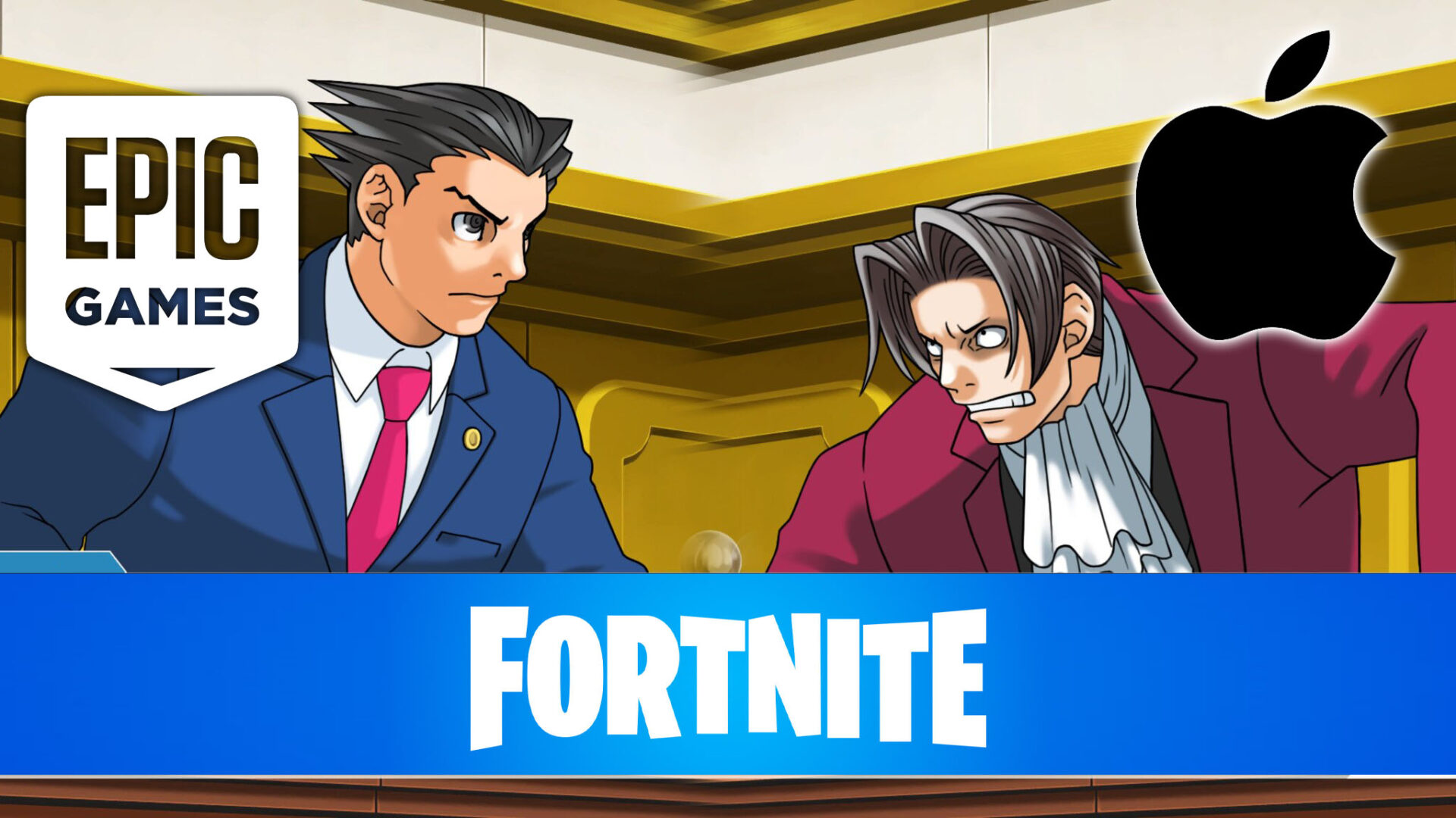 Epic Games versus Apple represented by Phoenix Wright and Miles Edgeworth from Ace Attorney
