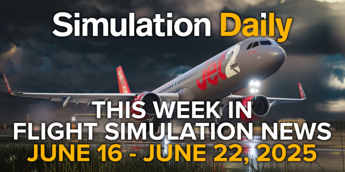 This Week in Flight Simulation News Hero Image with Airbus A321neo for Microsoft Flight Simulator taking off, the Simulation Daily logo, and the title.