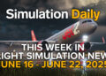 This Week in Flight Simulation News Hero Image with Airbus A321neo for Microsoft Flight Simulator taking off, the Simulation Daily logo, and the title.
