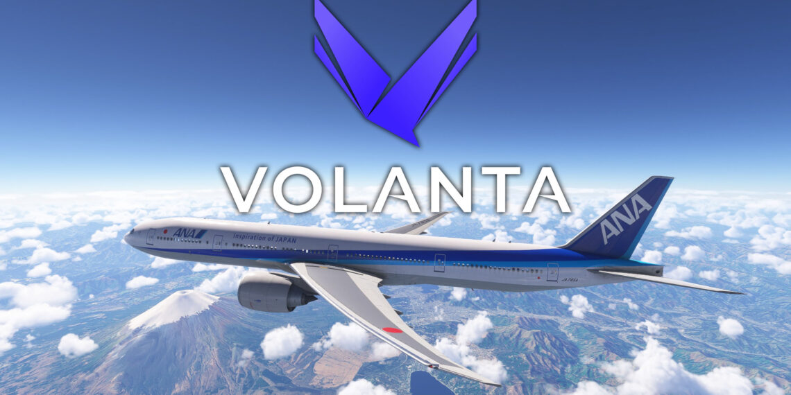 Volanta Logo and 777 flying over Mount Fuji in Microsoft Flight Simulator 2024