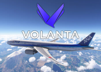 Volanta Logo and 777 flying over Mount Fuji in Microsoft Flight Simulator 2024