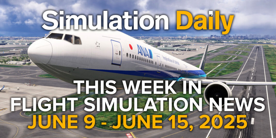 Weekly Flight Simulation News Episode 8 hero screenshot featuring PMDG Boeing 777-300ER in ANA Livery, the Simulation Daily logo and the title and date