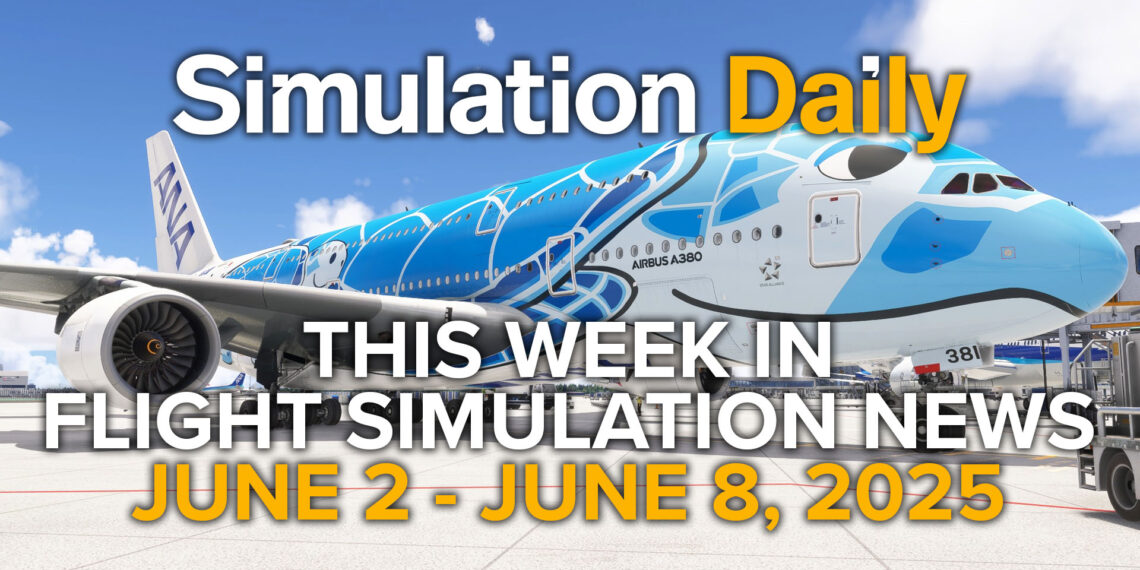 Weekly Flight Simulation News Episode 7 hero screnehot featuring Airbus A380 in Flying Honu ANA Livery, the Simulation Daily logo and the title and date