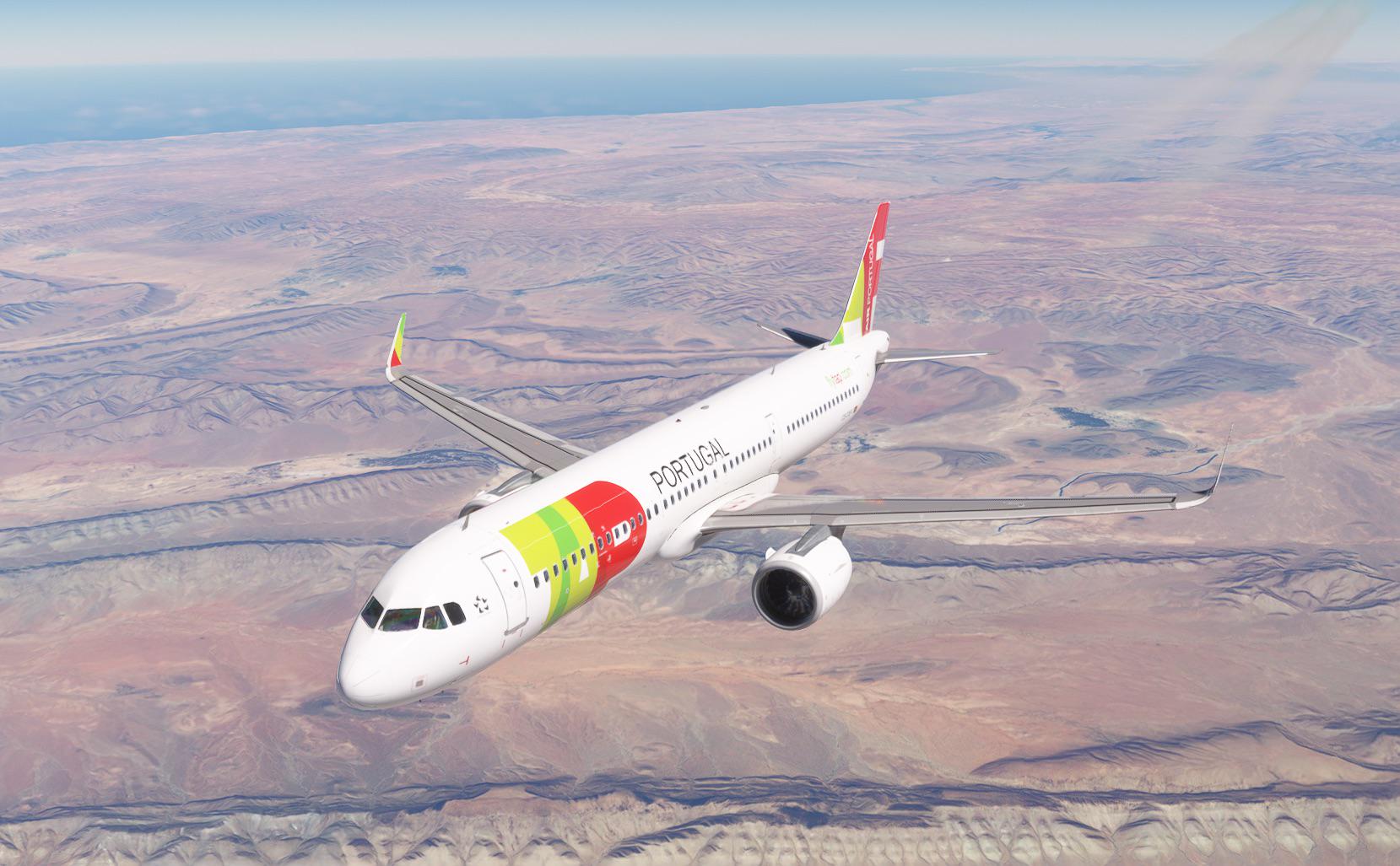 TAP Portugal flight in Microsoft Flight Simulator over the Sahara.