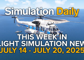 This Flight Simulation News Episode 13 Hero Image with Airbus H225 in Japan Coast Guard Livery in Microsoft Flight Simulator 2024, Simulation Daily Logo, and title