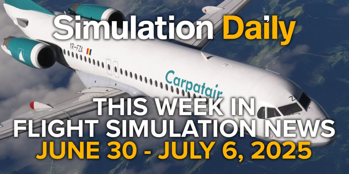 This Flight Simulation News Episode 11 Hero Image with Fokker F100 for Microsoft Flight Simulator, Simulation Daily Logo, and title