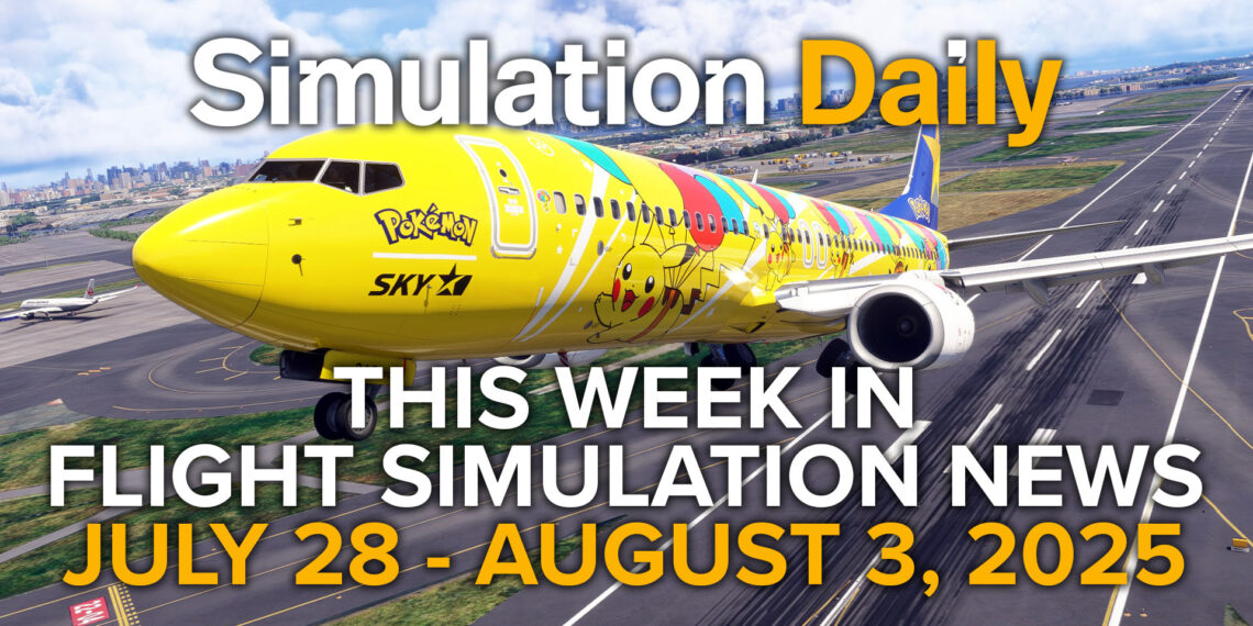 This Flight Simulation News Episode 15 Hero Image with Boeing 737 by PMDG in Pokemon livery taking off from Tokyo Haneda in Microsoft Flight Simulator 2024, Simulation Daily Logo, and title