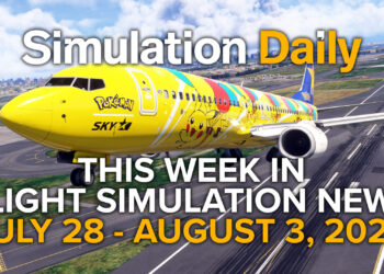 This Flight Simulation News Episode 15 Hero Image with Boeing 737 by PMDG in Pokemon livery taking off from Tokyo Haneda in Microsoft Flight Simulator 2024, Simulation Daily Logo, and title