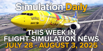 This Flight Simulation News Episode 15 Hero Image with Boeing 737 by PMDG in Pokemon livery taking off from Tokyo Haneda in Microsoft Flight Simulator 2024, Simulation Daily Logo, and title