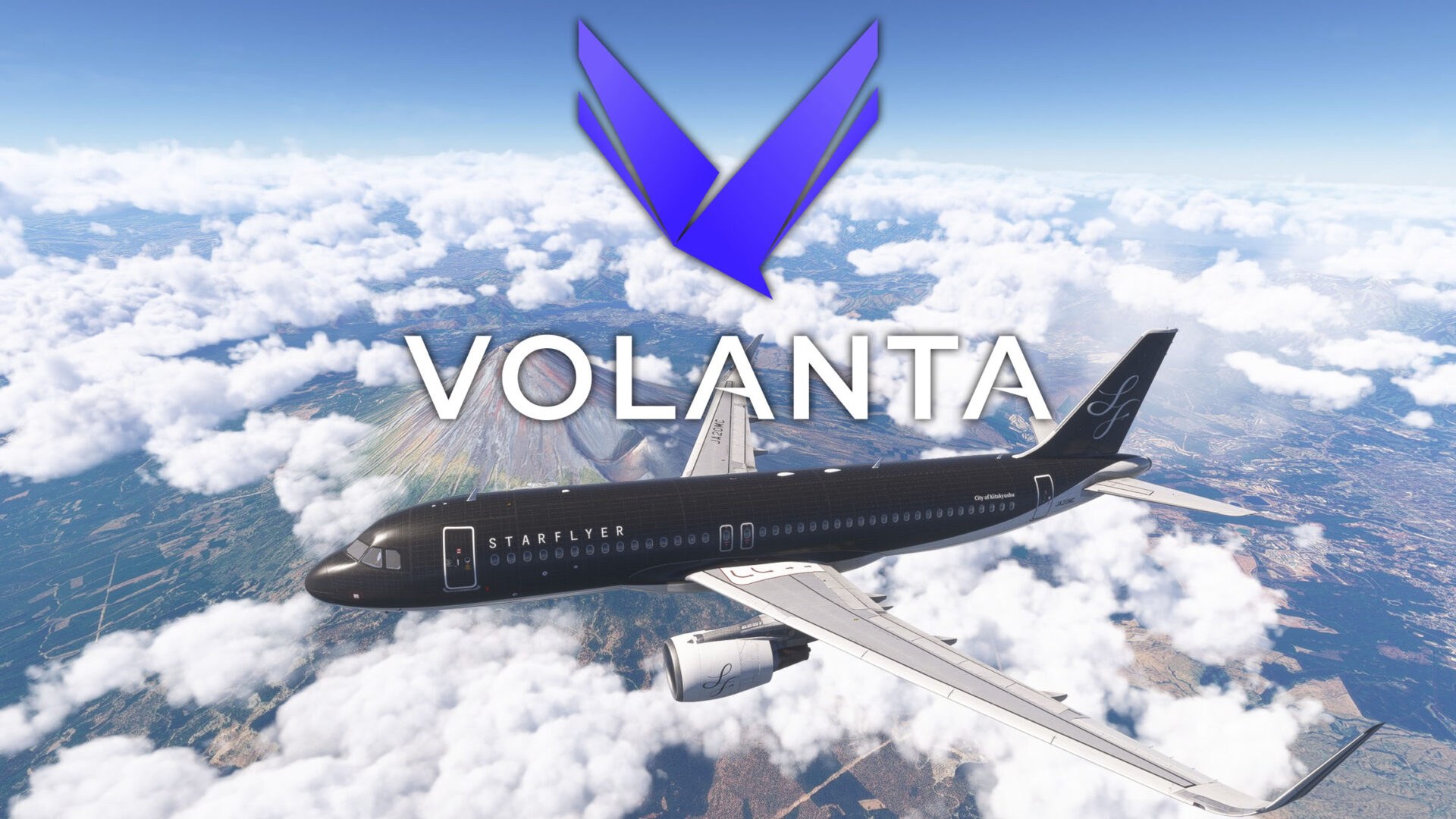 Starflyer Airbus A320 overflying Mount Fuji with Volanta logo