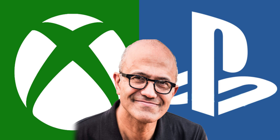Xbox and PlayStation logos and Satya Nadella
