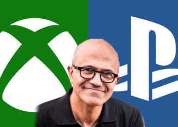 Xbox and PlayStation logos and Satya Nadella