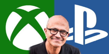 Xbox and PlayStation logos and Satya Nadella