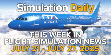 This Flight Simulation News Episode 14 Hero Image with Airbus A330 by Fenix in ITA livery flying over the alps in Microsoft Flight Simulator 2024, Simulation Daily Logo, and title