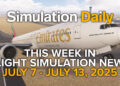 This Flight Simulation News Episode 12 Hero Image with Boeing 777 in Emirates Liveries in Microsoft Flight Simulator 2024, Simulation Daily Logo, and title