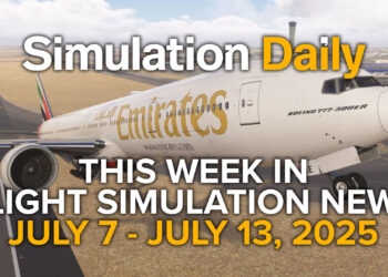 This Flight Simulation News Episode 12 Hero Image with Boeing 777 in Emirates Liveries in Microsoft Flight Simulator 2024, Simulation Daily Logo, and title