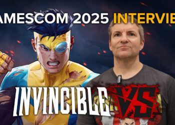 Invincible VS interview hero image with Mark, Executive Producer Mike Willette, and logo