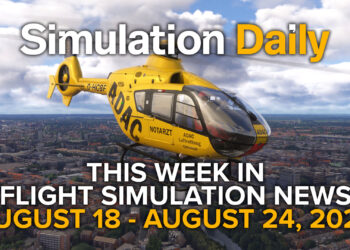 This Flight Simulation News Episode 18 Hero Image with Eurocopter EC135 flying Bremen in Microsoft Flight Simulator 2024, Simulation Daily Logo, and title