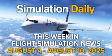 This Flight Simulation News Episode 16 Hero Image with Boeing 737 by PMDG in American Airlines livery flying over Costa Rica in Microsoft Flight Simulator 2024, Simulation Daily Logo, and title