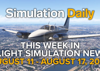 This Flight Simulation News Episode 17 Hero Image with Beechcraft Baron by Carenado flying over Cologne in Microsoft Flight Simulator 2024, Simulation Daily Logo, and title