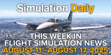 This Flight Simulation News Episode 17 Hero Image with Beechcraft Baron by Carenado flying over Cologne in Microsoft Flight Simulator 2024, Simulation Daily Logo, and title