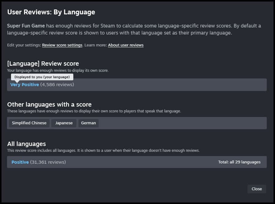 Steam User Review language settings