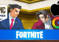 Epic Games, Google, and Apple Logos on Ace Attorney screenshot representing Epic's court win