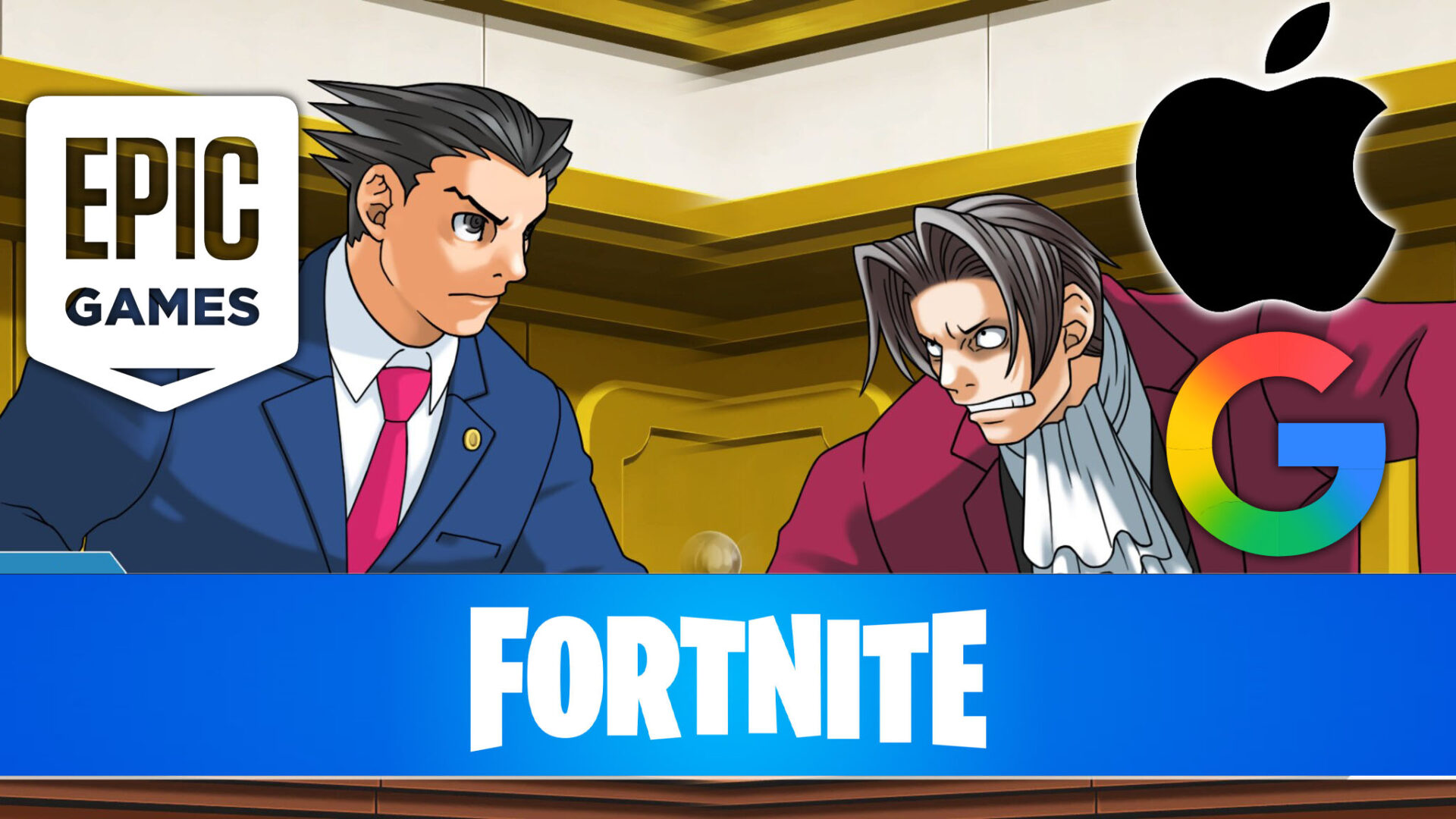 Epic Games, Google, and Apple Logos on Ace Attorney screenshot representing Epic's court win