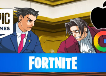 Epic Games, Google, and Apple Logos on Ace Attorney screenshot representing Epic's court win