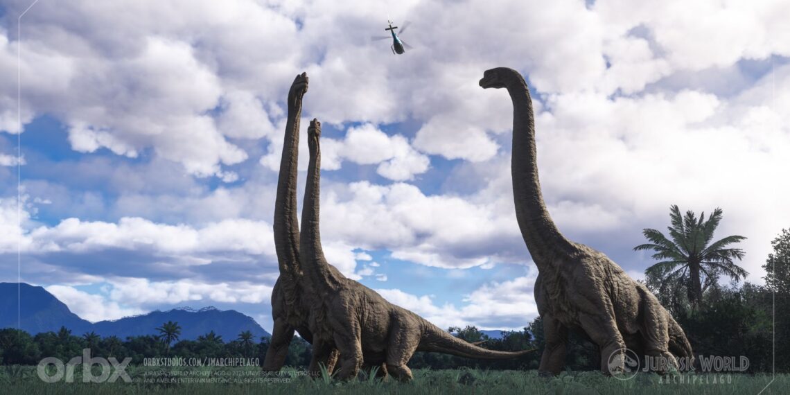 Dinosaurs in Jurassic World Archipelago for Microsoft Flight Simulator 2024 with Helicopter flying above.