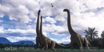 Dinosaurs in Jurassic World Archipelago for Microsoft Flight Simulator 2024 with Helicopter flying above.