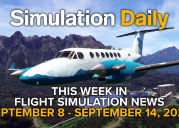 This Week in Flight Simulation News 21 Hero Image with King Air overflying the main street of Jurassic World Archipelago in Microsoft Flight Simulator 2024, with Simulation Daily Logo, and title
