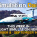 This Week in Flight Simulation News 21 Hero Image with King Air overflying the main street of Jurassic World Archipelago in Microsoft Flight Simulator 2024, with Simulation Daily Logo, and title