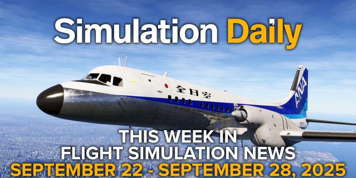 This Week in Flight Simulation News 23 Hero Image with NAMC YS-11 in ANA livery flying over Tokyo in Microsoft Flight Simulator 2024, with Simulation Daily Logo, and title