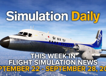 This Week in Flight Simulation News 23 Hero Image with NAMC YS-11 in ANA livery flying over Tokyo in Microsoft Flight Simulator 2024, with Simulation Daily Logo, and title