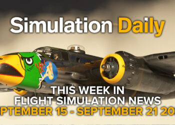 This Week in Flight Simulation News 22 Hero Image with B-25J Mitchell in Microsoft Flight Simulator 2024, with Simulation Daily Logo, and title