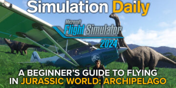 Jurassic World: Archipelago Microsoft Flight Simulator 2024 Beginner's Guide Hero picture with Cubcrafters XCub, pilot, and dinosaurs.