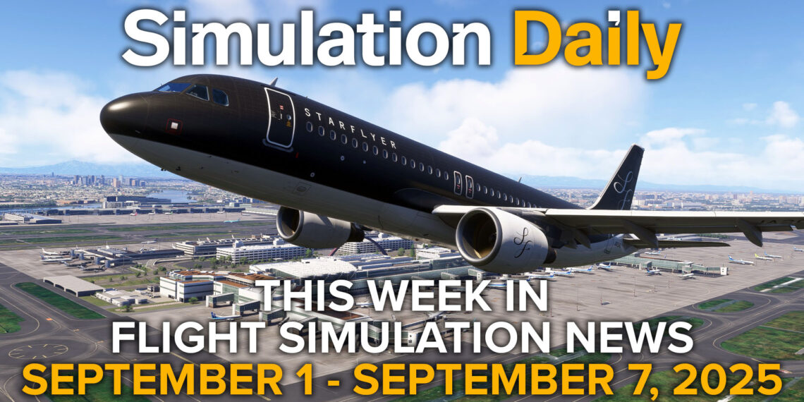 This Week in Flight Simulation News 20 Hero Image with Fenix Airbus A320 taking off from Tokyo Haneda in Starflyer livery in Microsoft Flight Simulator 2024, with Simulation Daily Logo, and title