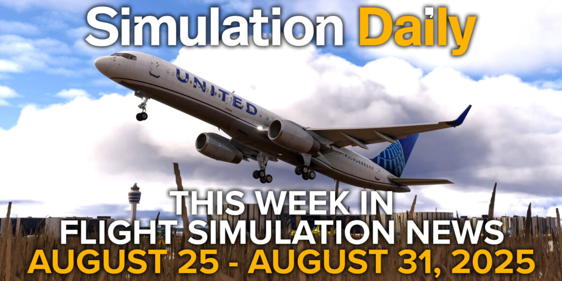 This Flight Simulation News Episode 19 Hero Image with Boeing 757 taking off in Microsoft Flight Simulator 2024, Simulation Daily Logo, and title