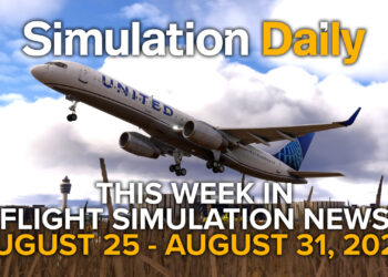 This Flight Simulation News Episode 19 Hero Image with Boeing 757 taking off in Microsoft Flight Simulator 2024, Simulation Daily Logo, and title