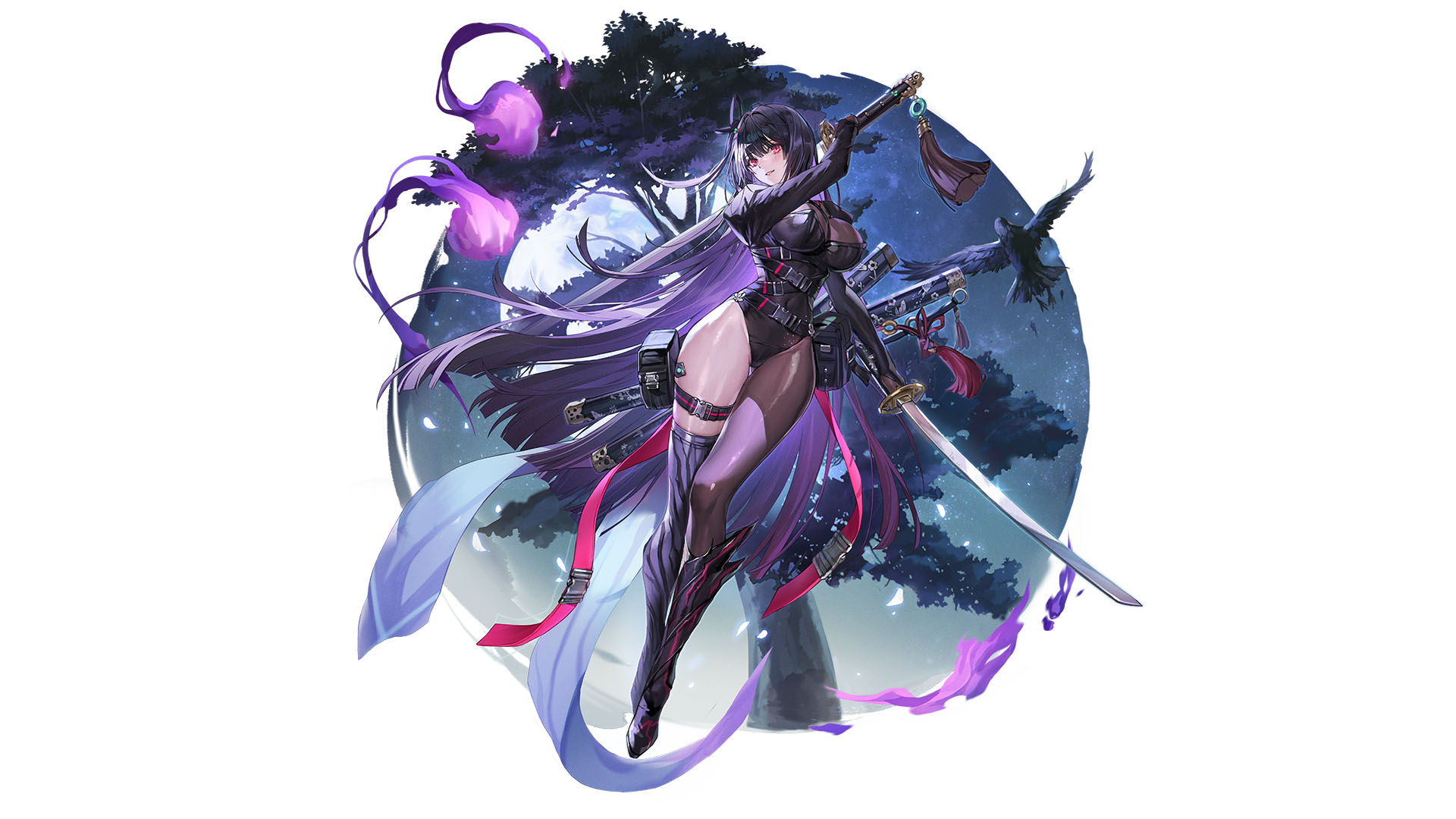 Illustration of Chaos Zero Nightmare character Rin, a female warrior with flowing purple hair and black leather armor wielding two swords in a moonlit forest with raven and mystical atmosphere.