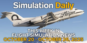 A Fokker F28 jet in Horizon livery climbs above snow-covered mountains in Microsoft Flight Simulator 2024, featured in the October 20–26, 2025 edition of Simulation Daily’s Weekly Flight Simulation News.